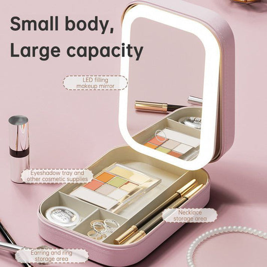GlamLuxe LED Brightening Organizer Box with Mirror & Trichromatic Light